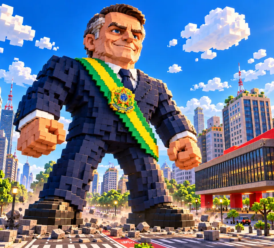 Caricatura gigante de Bolsonaro feita de blocos, de faixa presidencial, pisando na Avenida Paulista