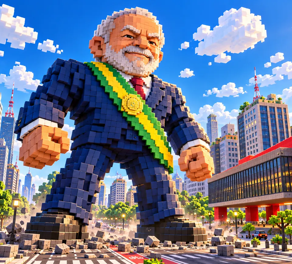 Caricatura gigante de Lula feita de blocos, de faixa presidencial, pisando na Avenida Paulista