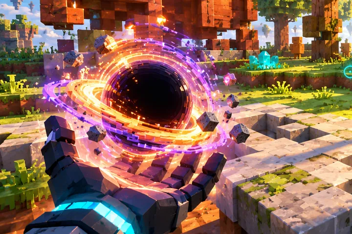 Mão de voxel segurando um orbe de buraco negro com anéis roxos e dourados