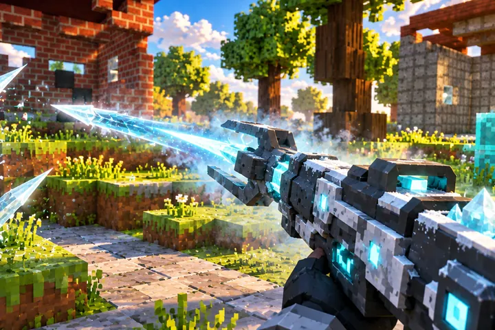 Lançador de voxel disparando uma estaca de gelo contra um muro de pedra