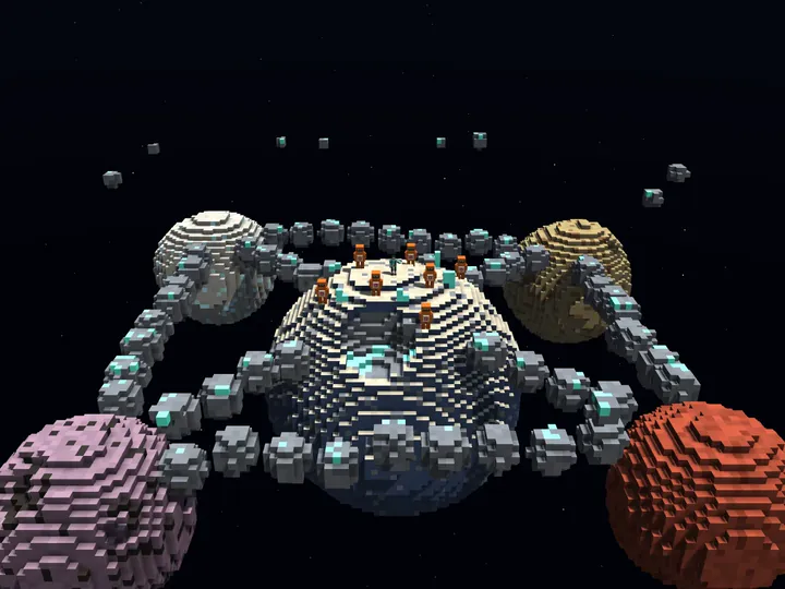 Mini-planetas de voxel ligados por anéis de asteroides no espaço
